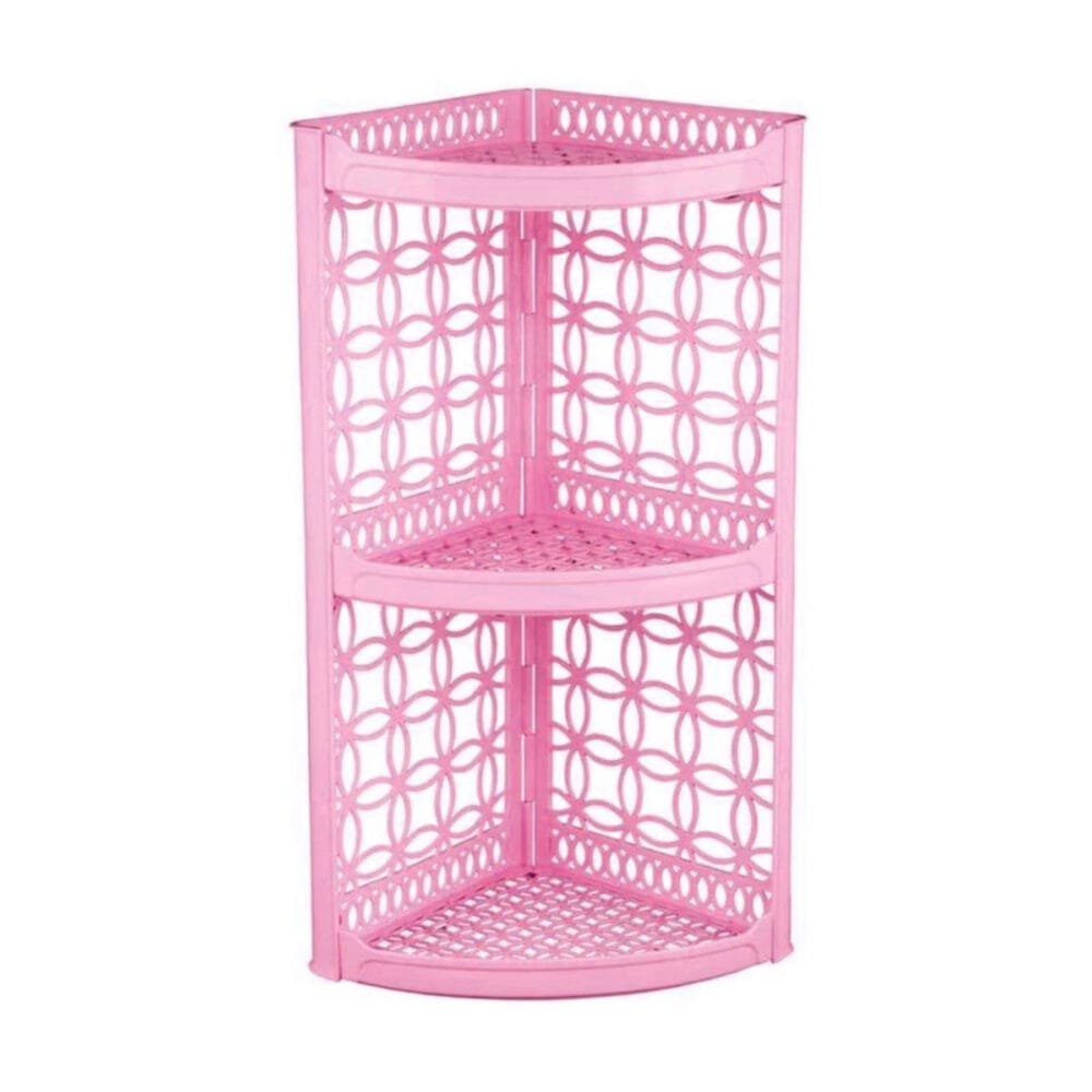 Etajera din plastic pentru baie, pe colt, 3 polite, roz, 24 x 24 x 53 cm