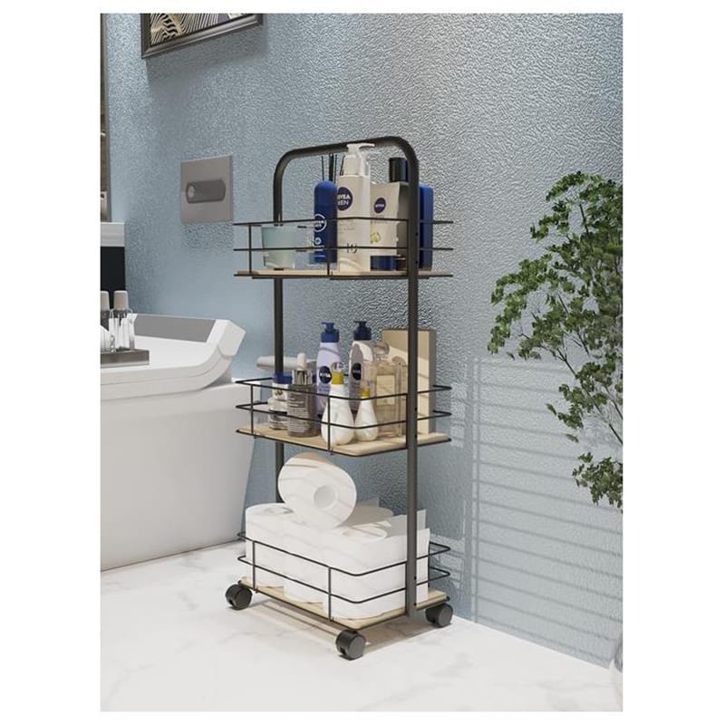 Etajera din metal pentru baie cu roti, 3 rafturi, negru, 230 x 225 x 800 mm - imagine 2
