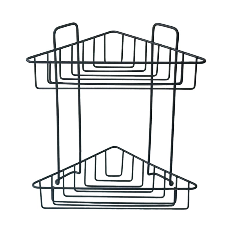 Etajera colt de baie, Flores, metal, 2 rafturi, prindere ventuza, negru mat, 220x220x335mm